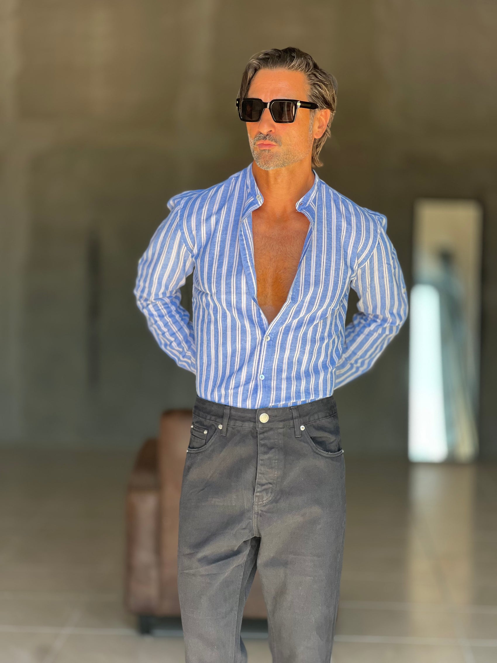 CAMICIA COREANA RIGA MULTICOLOR  BLU  MISTO LINO 777