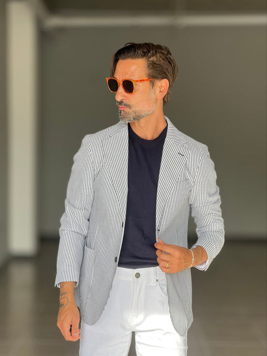 GIACCA  LINO MILLERIGHE BLU MONOPETTO