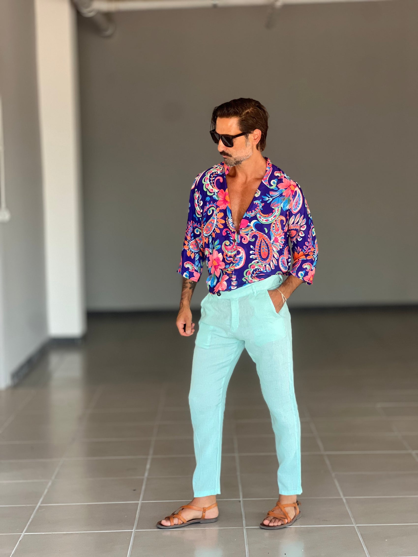 PANTALONE ESTIVO VERDE ACQUA LINO GARZATO