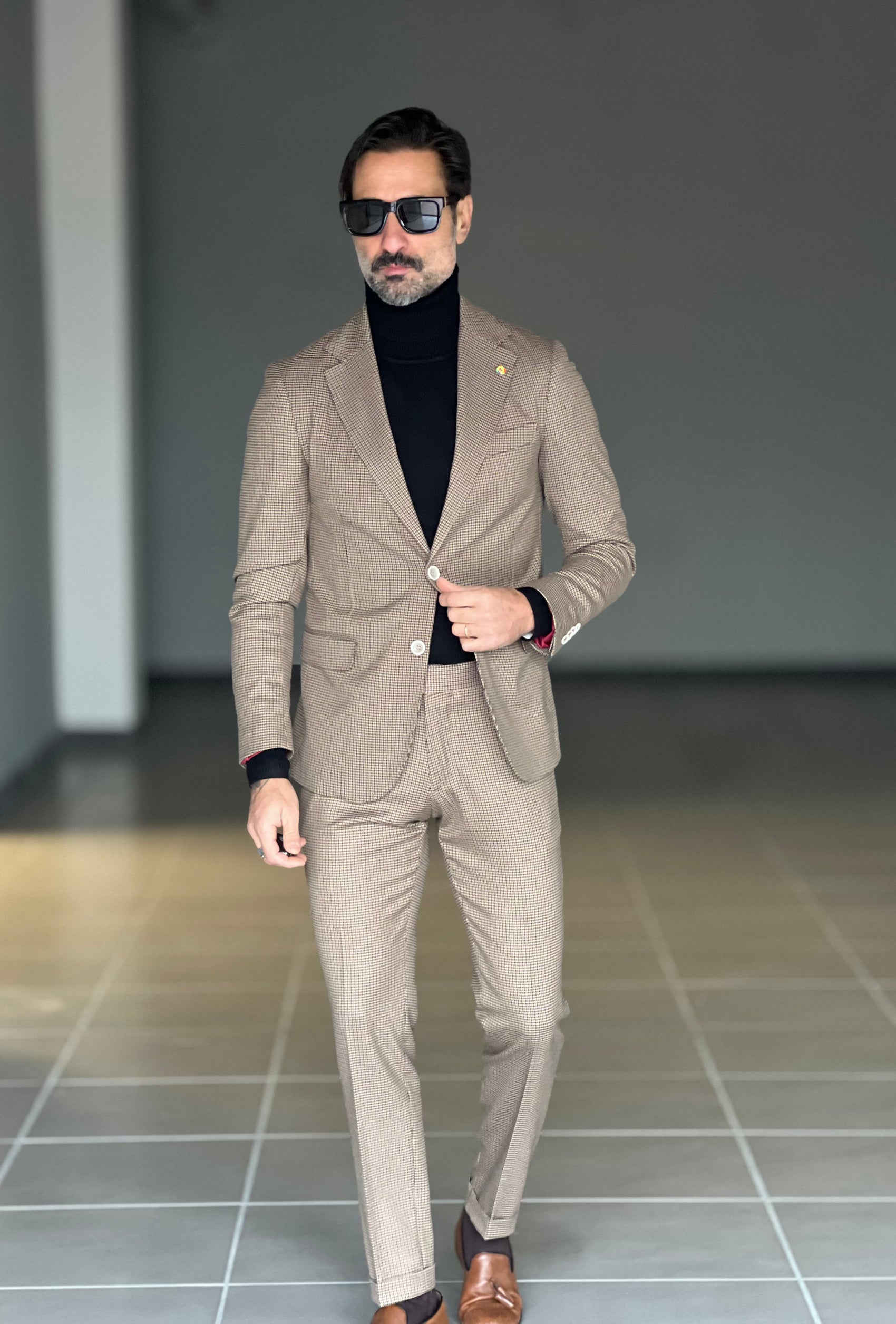 ABITO PIE DE POULE FONDO BEIGE PUNTO MILANO