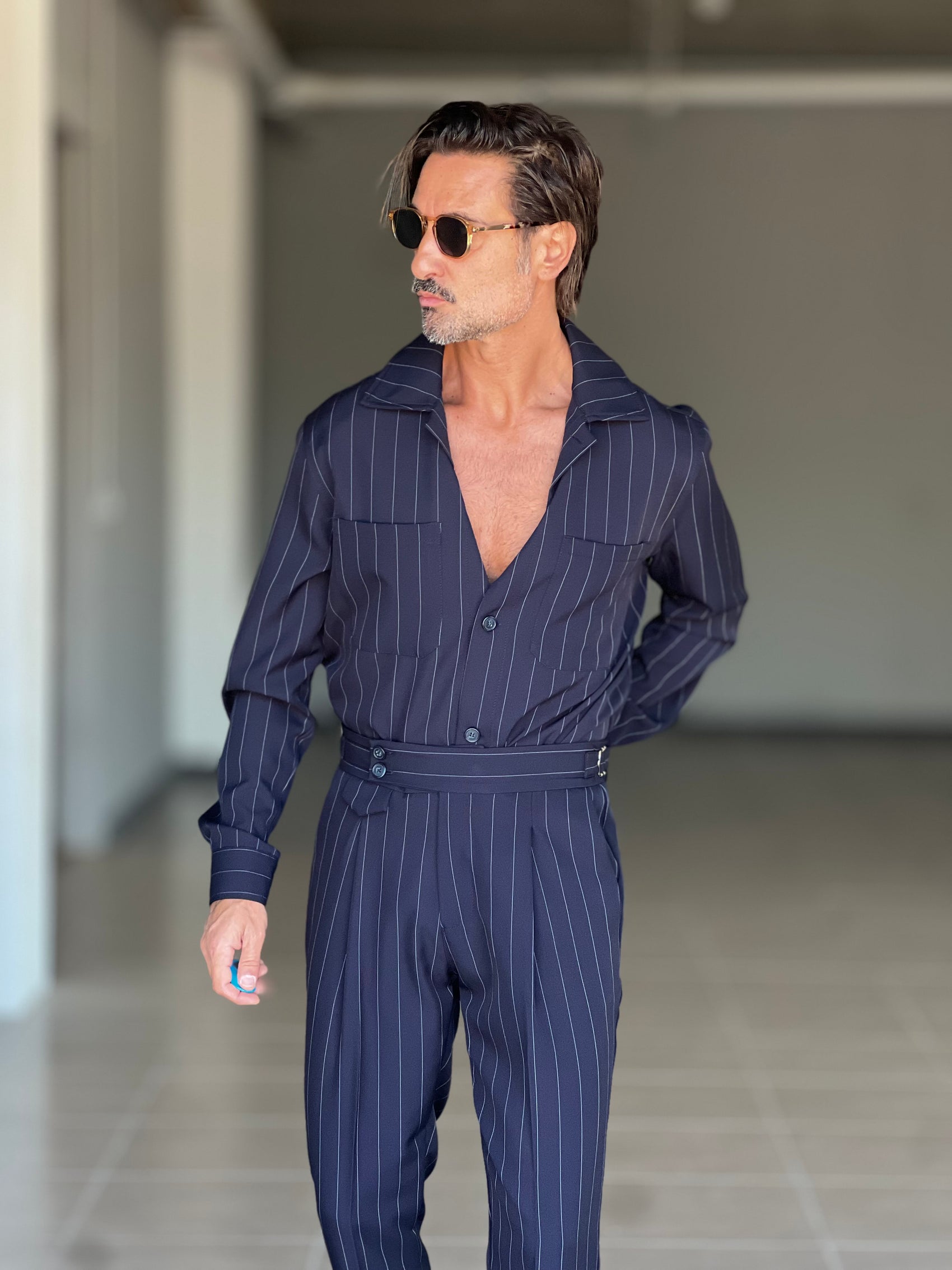 FILLJACKET BLU GESSATO RIGA LARGA  VISCOSA OVER FIT 0302 ABBINABILE  AL PANTALONE GESSATO  BLU GESSSATO RIGA LARGA 00302 (Copia)