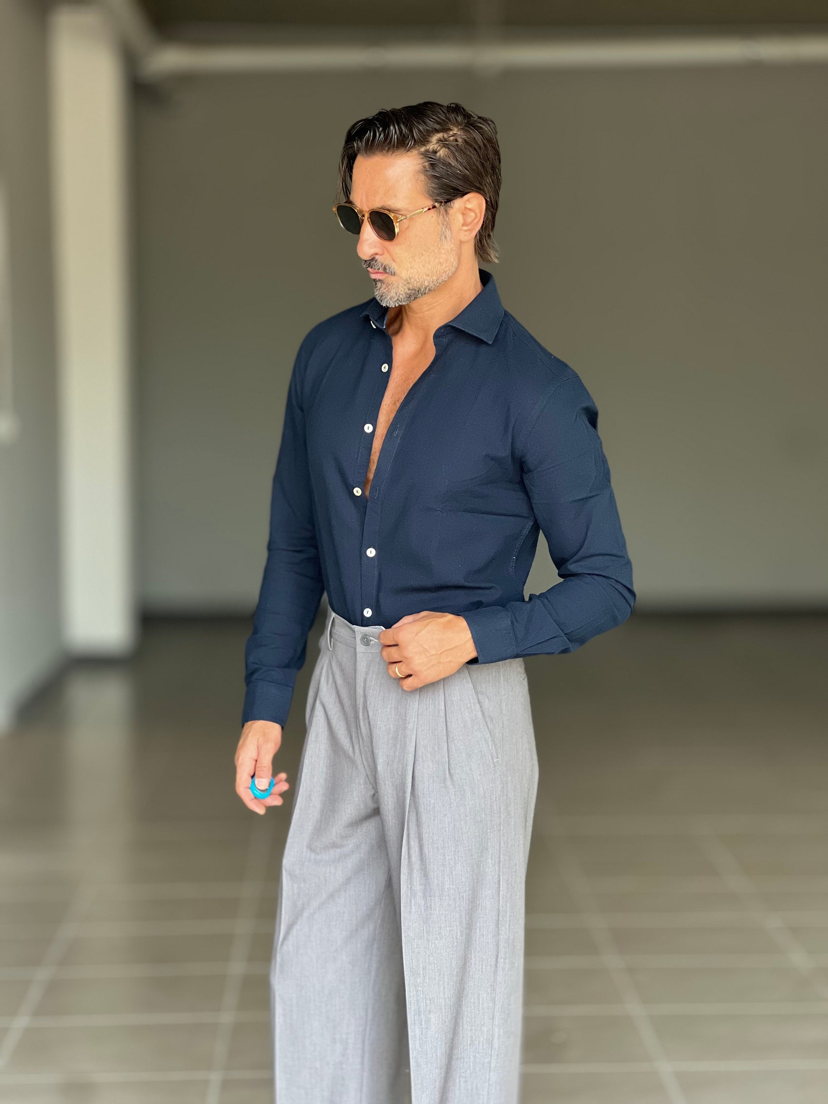 CAMICIA  BLU   LINO E MISTI COLLO ITALIANO