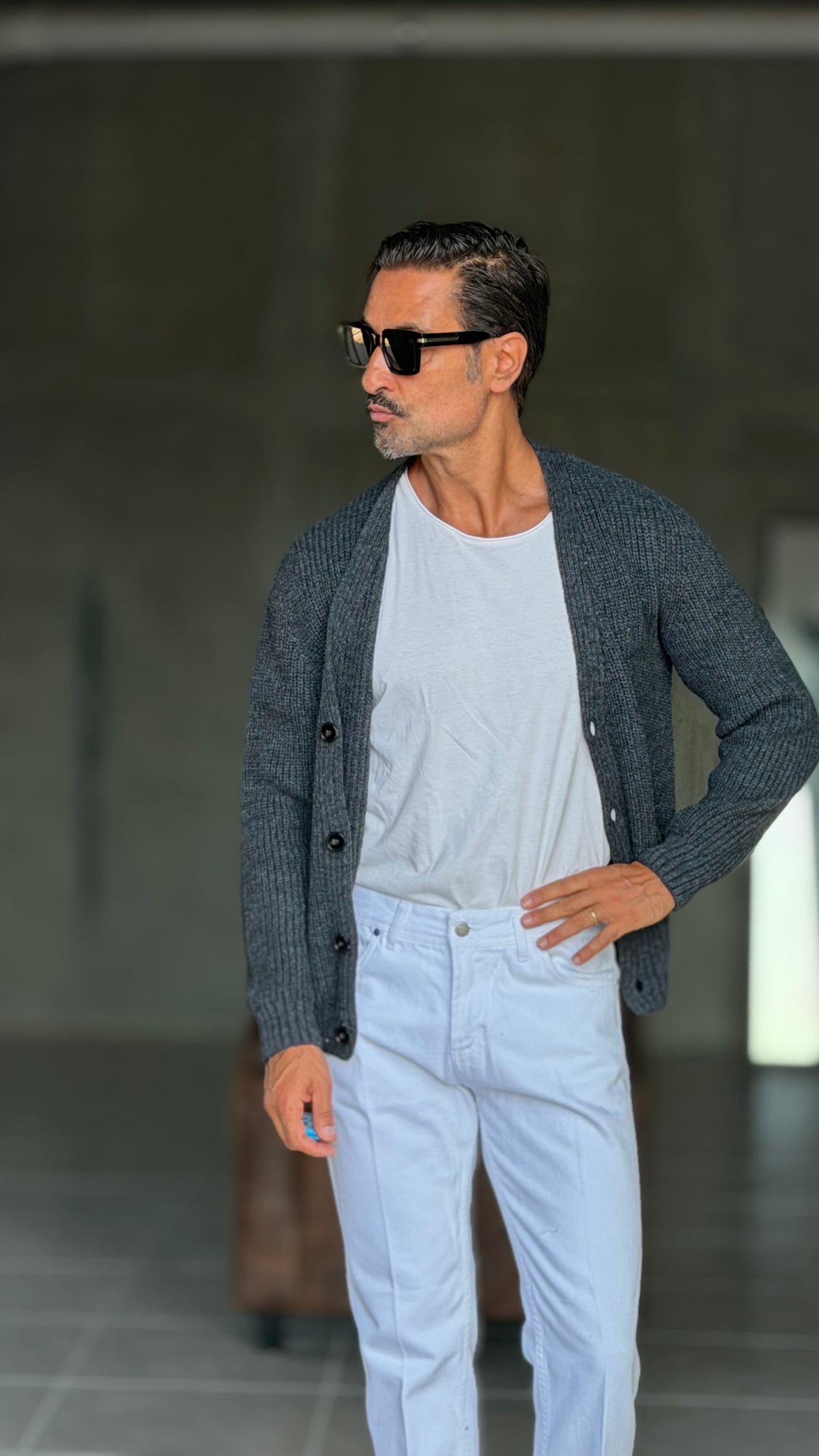 CARDIGAN GRIGIO PIOMBO LANA ALPACA VISCOSA MAGLIA INGLESE ALTATENSIONE (