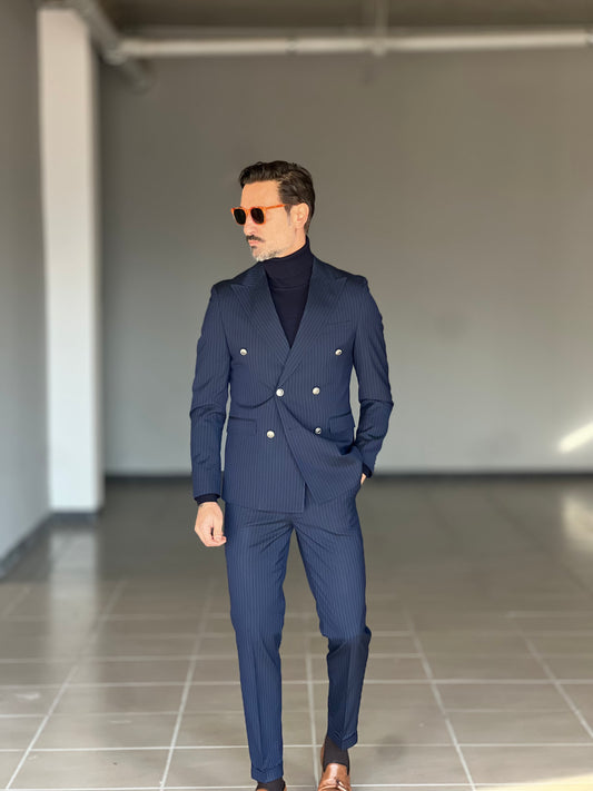 ABITO  BLU  GESSATO  DOPPIOPETTO BOTTONE METALLO VISCOSA E MISTI