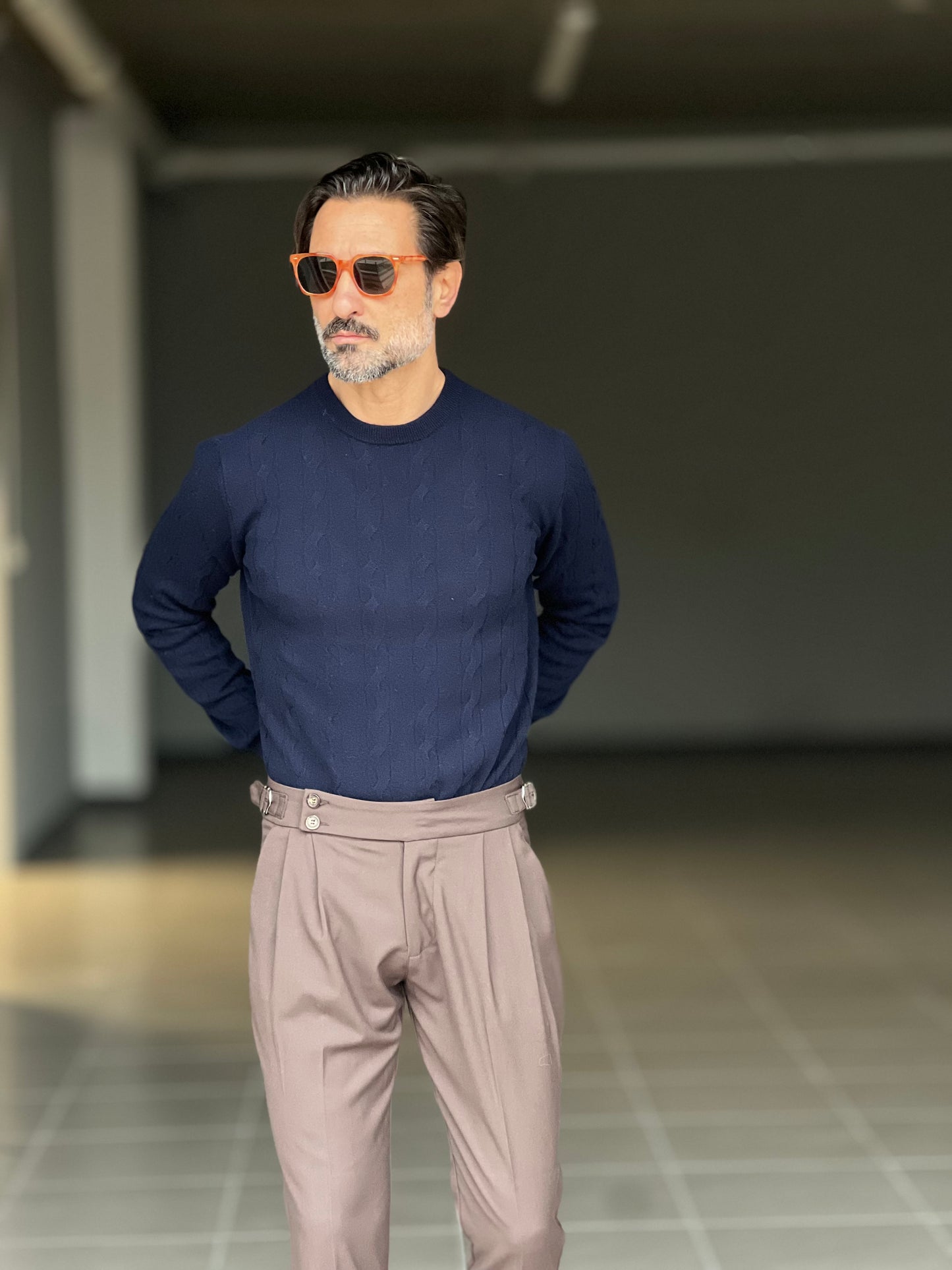 MAGLIA GIRO  BLU  LANA E CASHEMERE TRECCIA PICCOLA