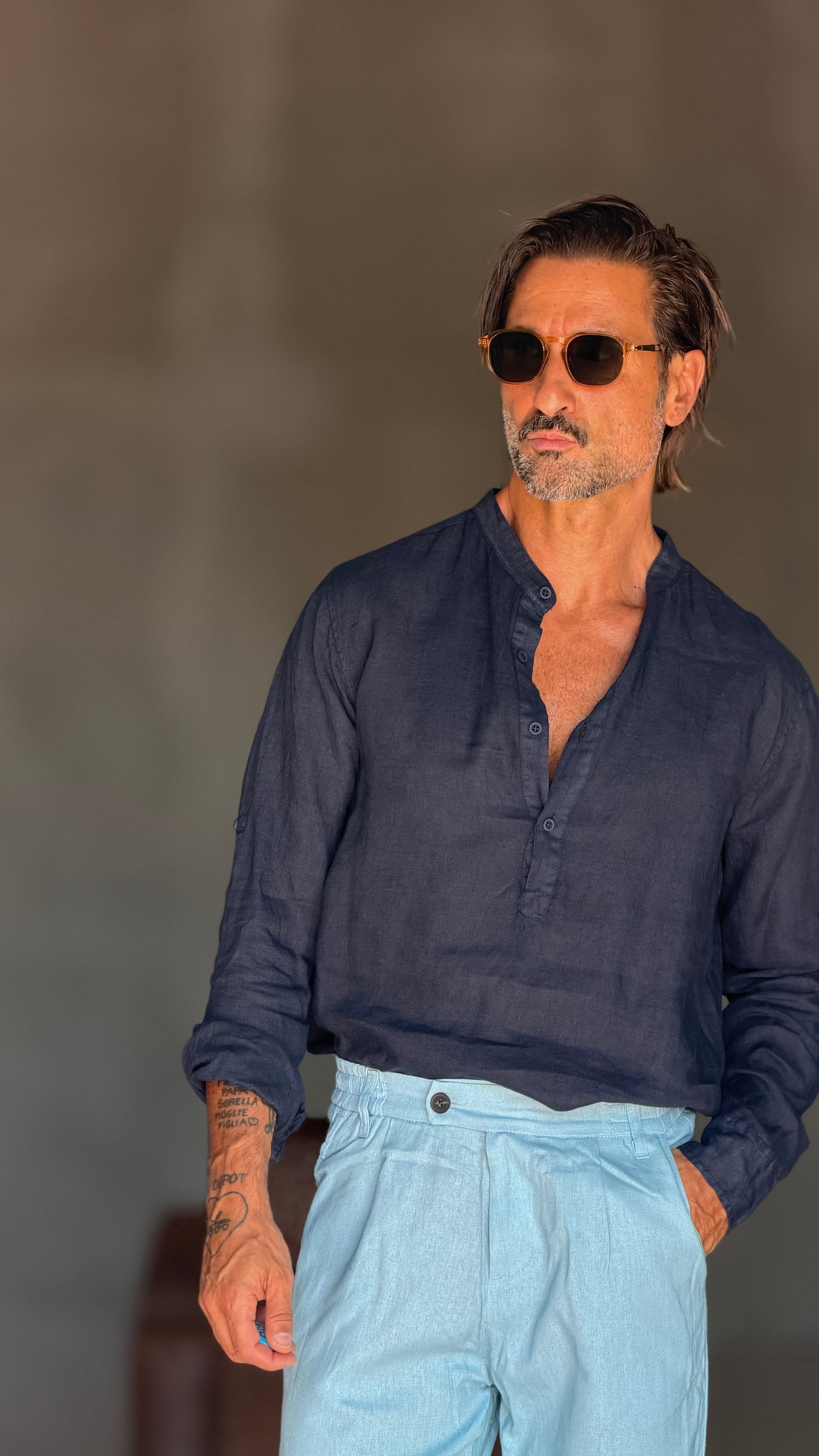 CAMICIA  SERAFINO BLU LINO PURO