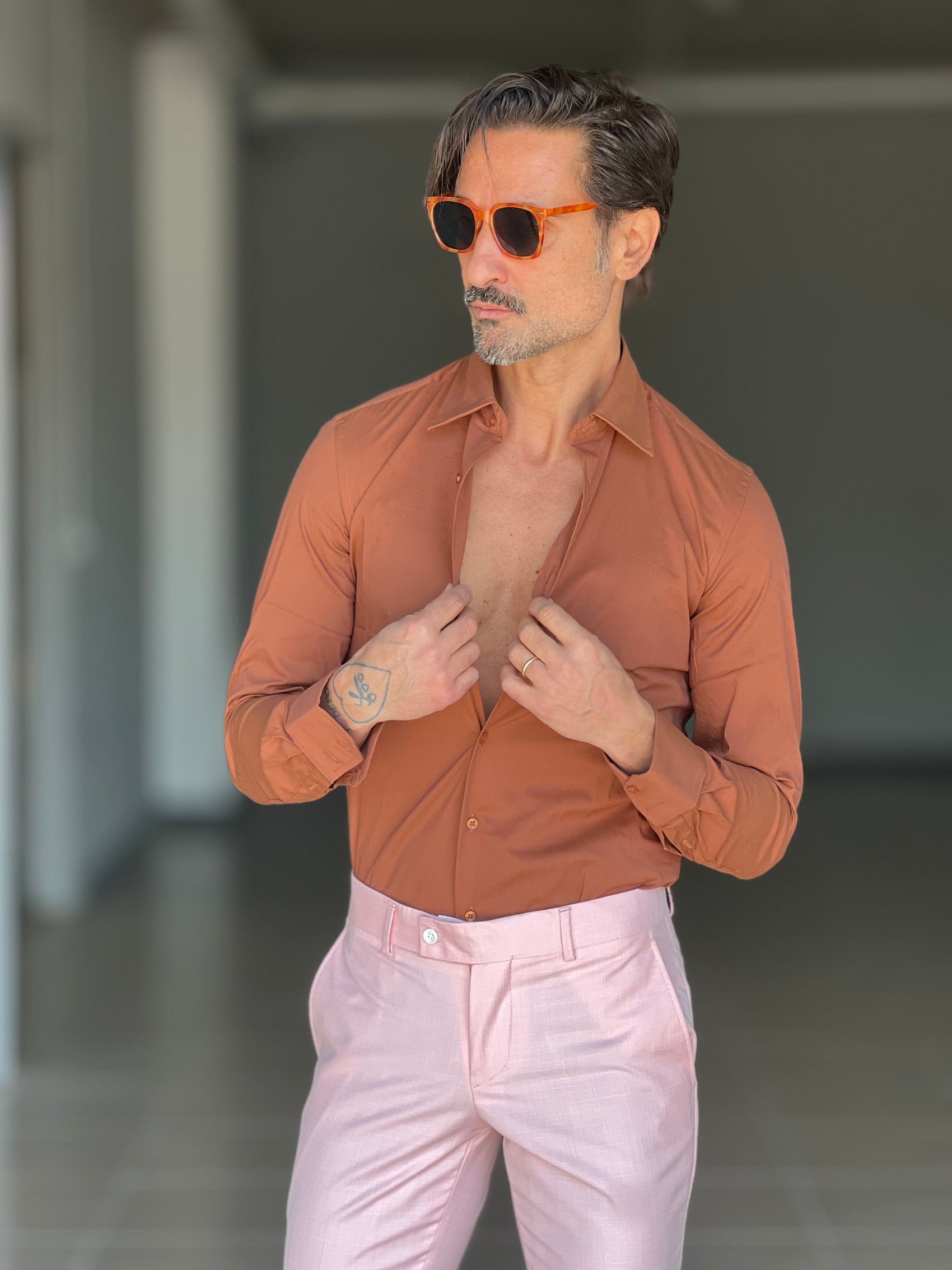 CAMICIA MATTONE POPELINE DI COTONE STRECH