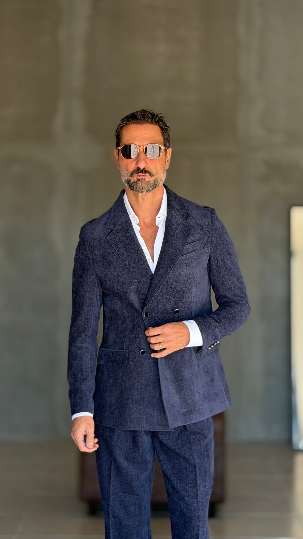 ABITO  BLU VELLUTO LISCIO DOPPIOPETTO PANTALONE FONDO REGULAR PETRO' 1060