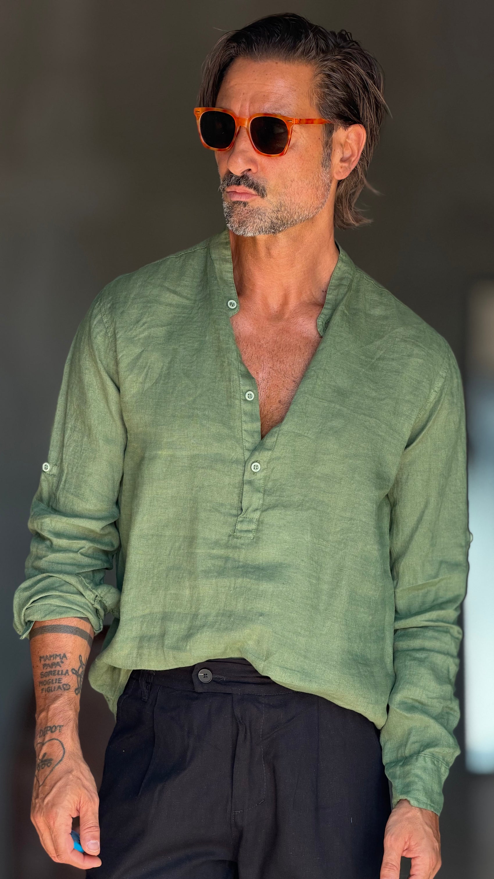 CAMICIA  SERAFINO VERDE LINO PURO