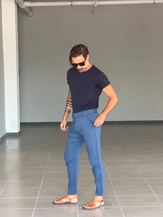 PANTALONE ESTIVO   BLU  LINO GARZATO