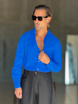 CAMICIA  BLU ROYAL COTONE EFFETTO LINO