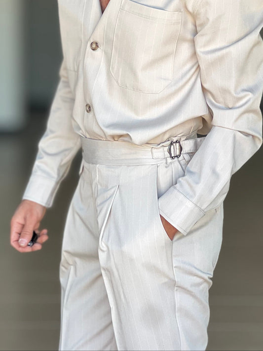 PANTALONE BEIGE  GESSATO  VITA ALTA PINCES VISCOSA. 0066