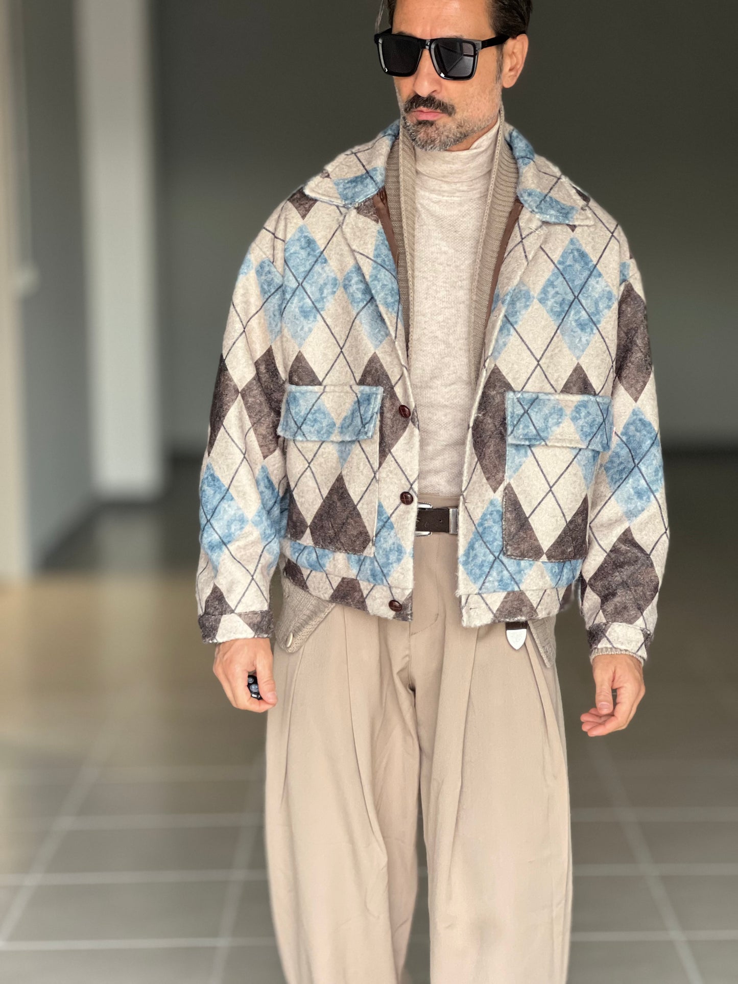 FILL JACKET ROMBO MORO PANNA E CELESTE CROP