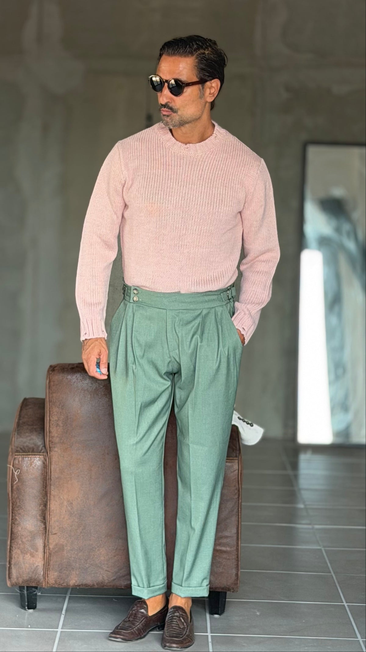 PANTALONE VERDE SALVIA  VITA ALTA PINCES VISCOSA  EFFETTO FLANELLA BATTUTA