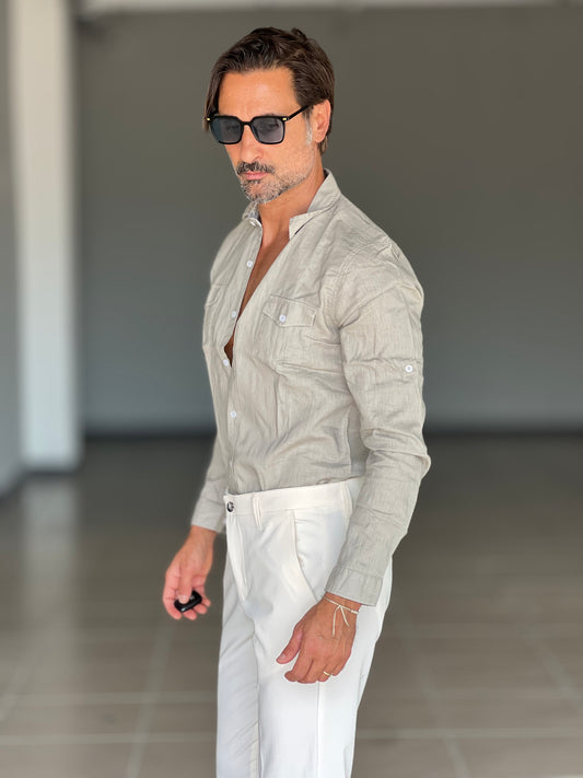 CAMICIA TEXANA MASTICE   MISTO LINO