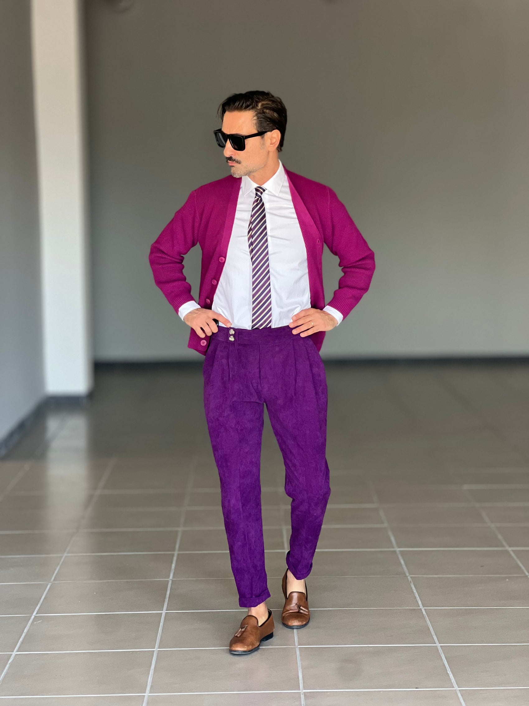 PANTALONE VELLUTO  VIOLA  PINCES VITA ALTA