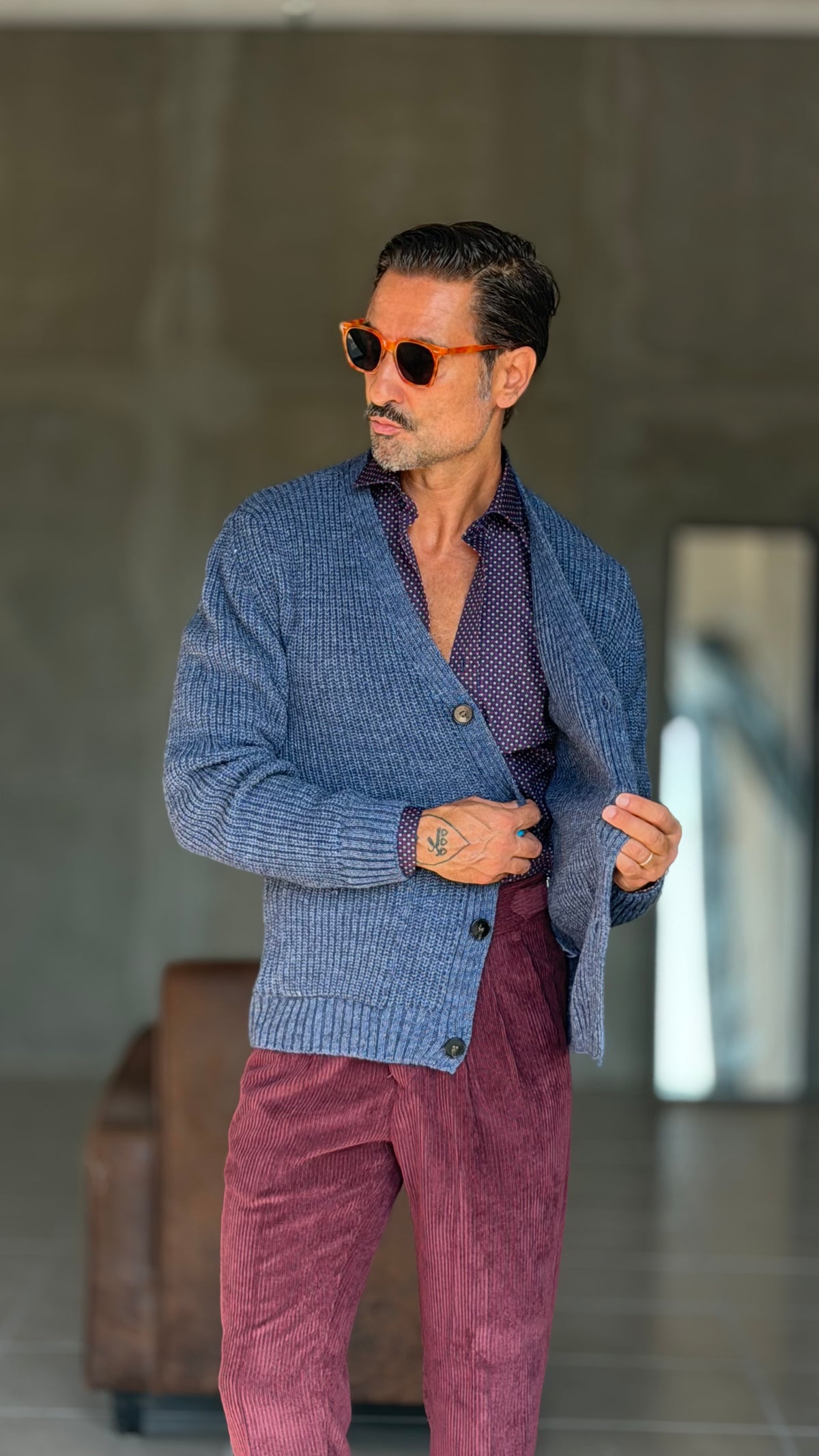 CARDIGAN POLVERE   LANA ALPACA VISCOSA MAGLIA INGLESE ALTATENSIONE