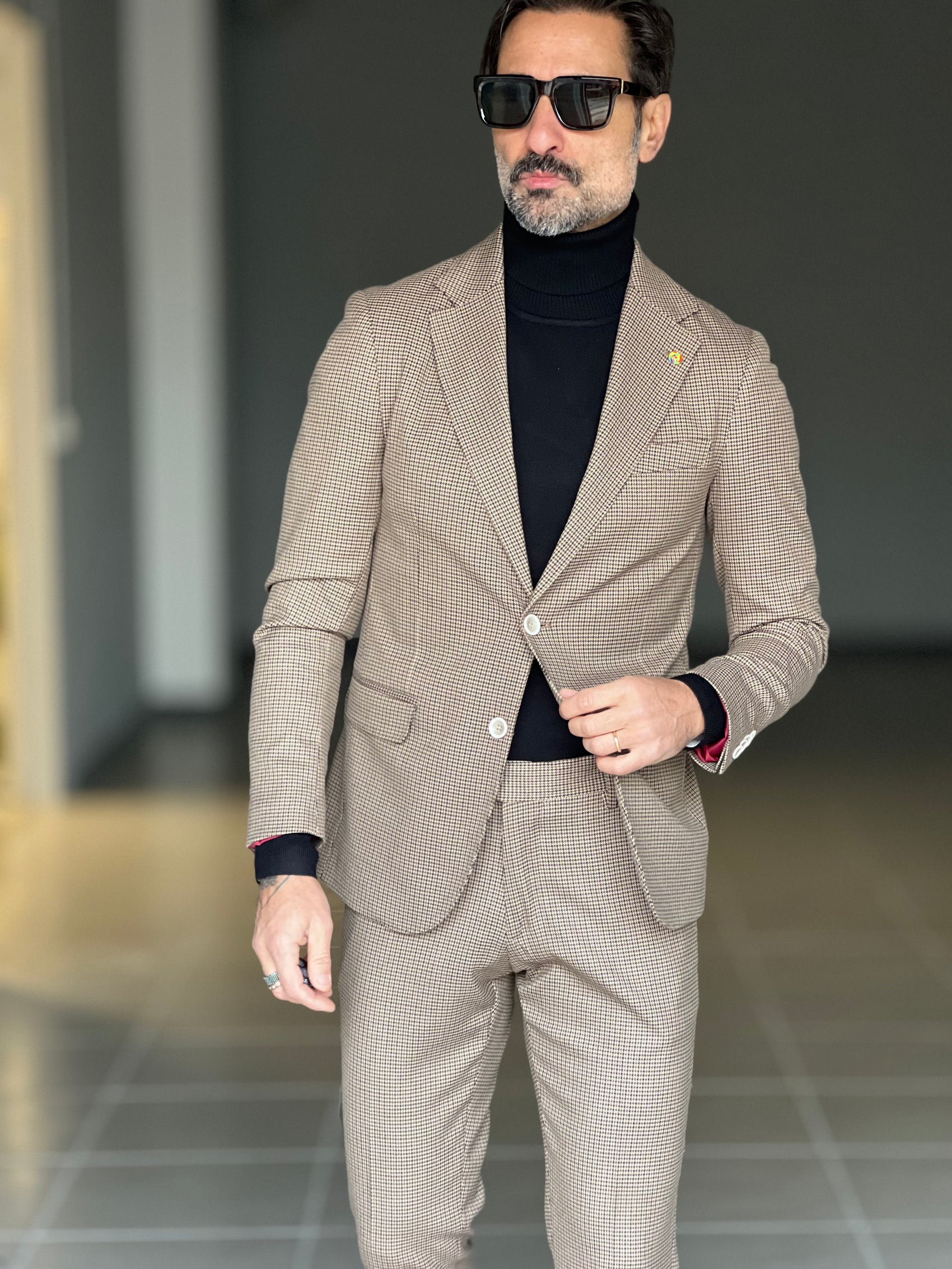 ABITO PIE DE POULE FONDO BEIGE PUNTO MILANO