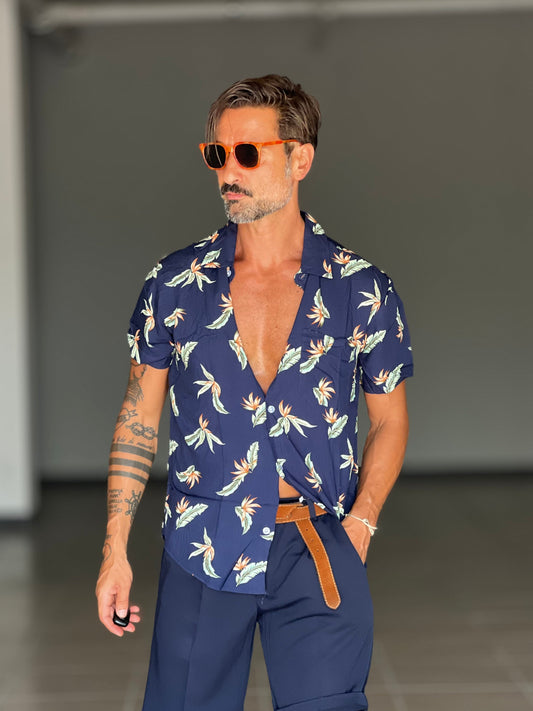 CAMICIA FIORE FONDO BLU  MEZZA MANICA VISCOSA