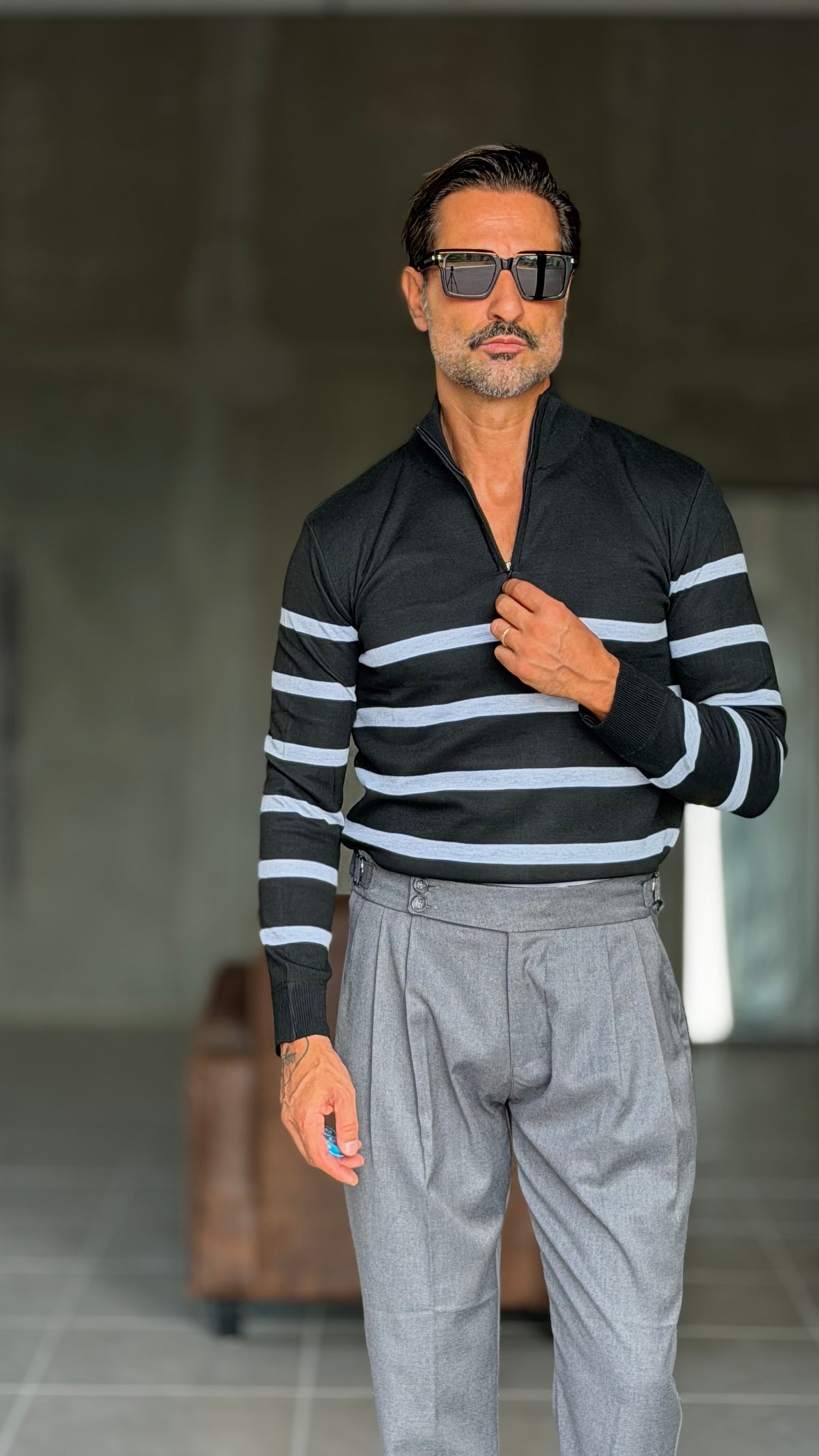 MAGLIA SERAFINO   BASE NERO RIGA PANNA VISCOSA E MISTI