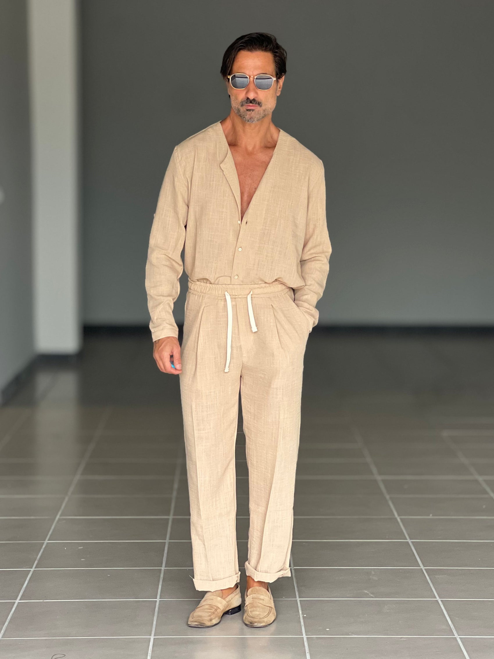 COORDINATO CAMICIA E PANTALACCIO CAMMELLO COREANA GIROCOLLO COTENE VISCOSA EFFETTO LINO