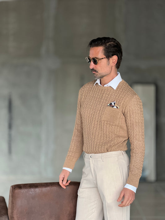 MAGLIA TORTORA  TRECCIA COTONE TASCHINO