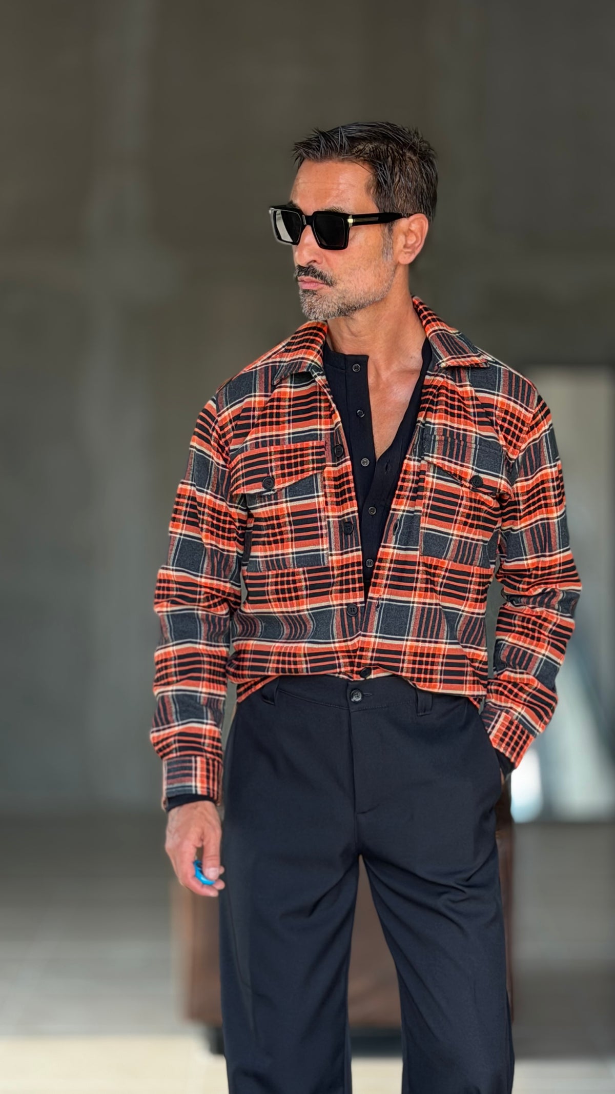 CAMICIA  FLANELLA QUADRO ARANCIO NERO STAMPA SPALLE 1003