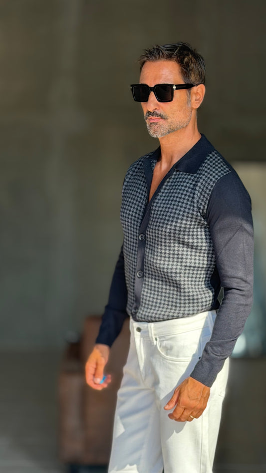 CARDIGAN  POLO BLU PIE DE POULE HAMAKI-HO VISCOSA E MISTI