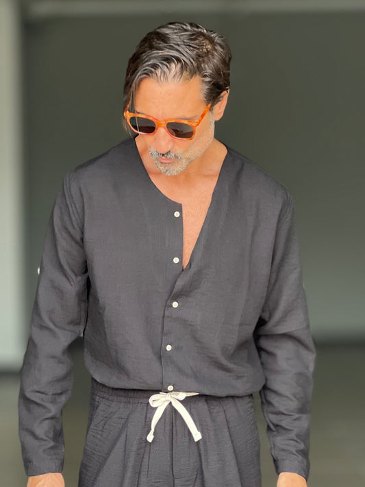 COORDINATO CAMICIA E PANTALACCIO  NERA  COREANA GIROCOLLO COTENE VISCOSA EFFETTO LINO