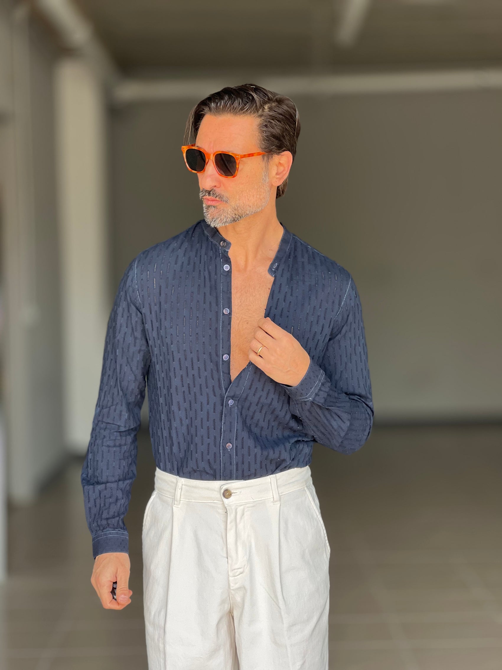 CAMICIA KOON BLU  LINO E COTONE LAVORAZIONE TRAMATA