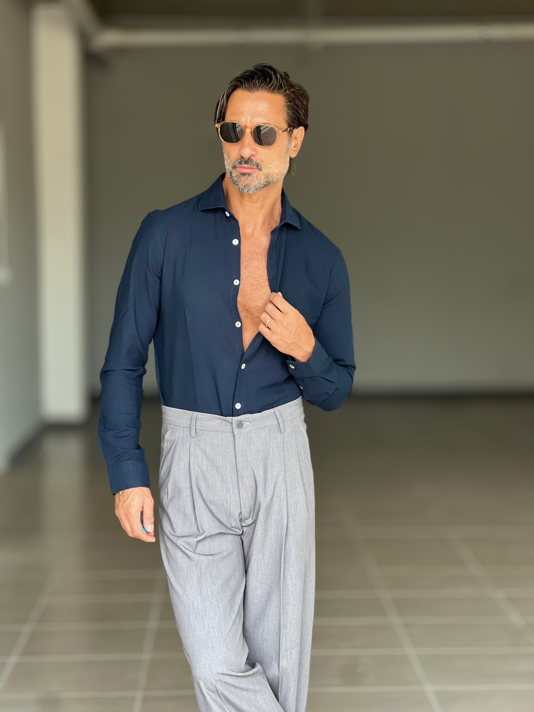 CAMICIA  BLU   LINO E MISTI COLLO ITALIANO