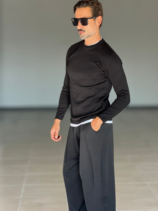 MAGLIA  2 FILI NERO  INSERTO T SHIRT BIANCA
