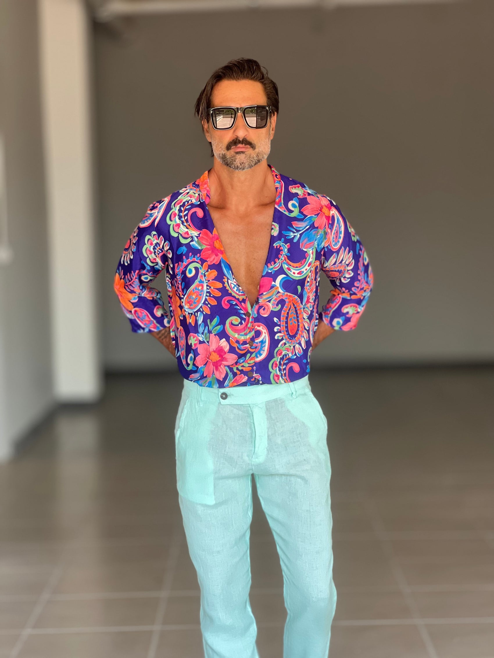 PANTALONE ESTIVO VERDE ACQUA LINO GARZATO