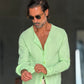 CAMICIA COREANA VERDE KIWI GOFFRATA COTONE  EFFETTO LINO. 278
