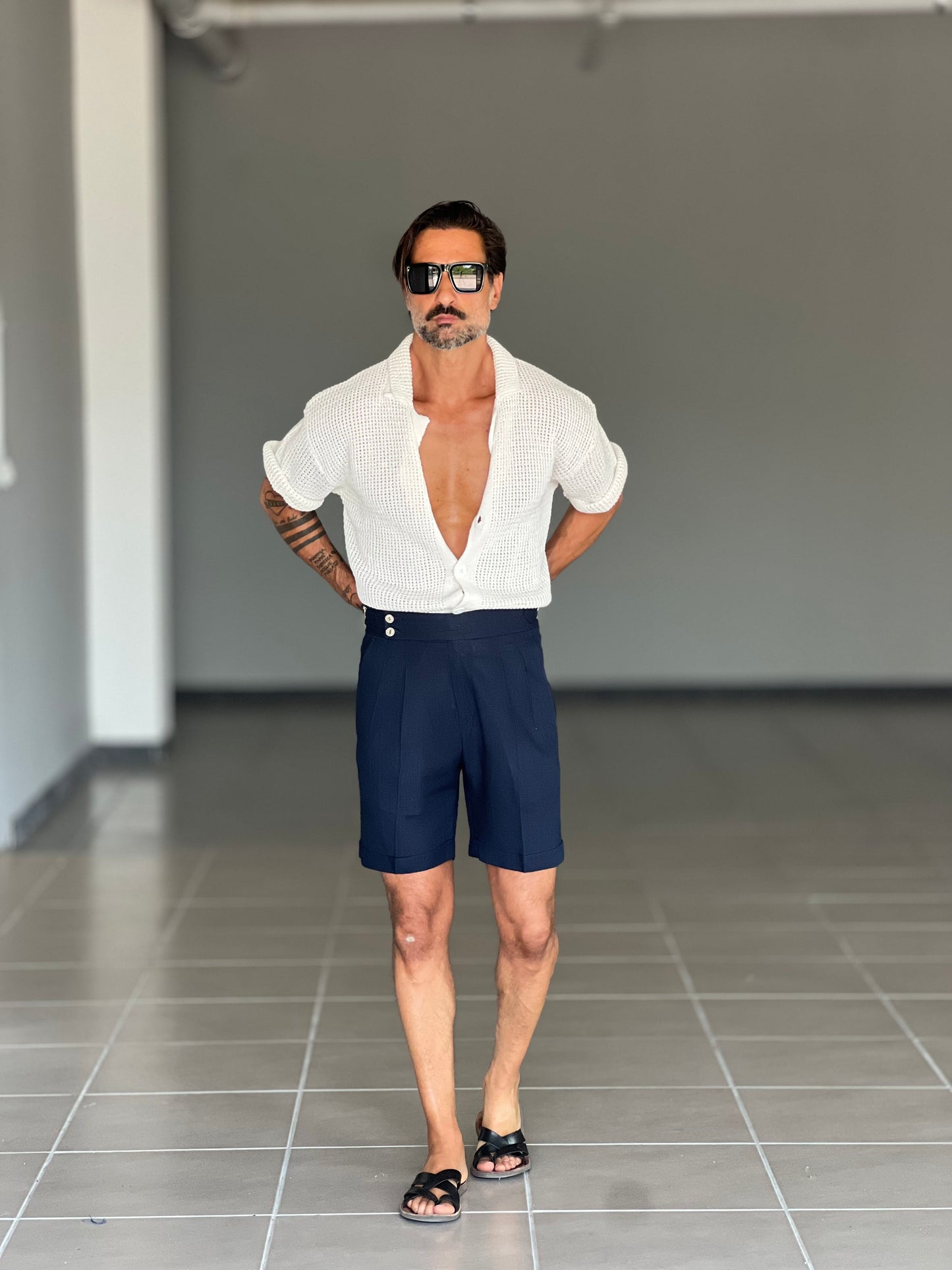 BERMUDA BLU LINO E VISCOSA   VITA ALTA