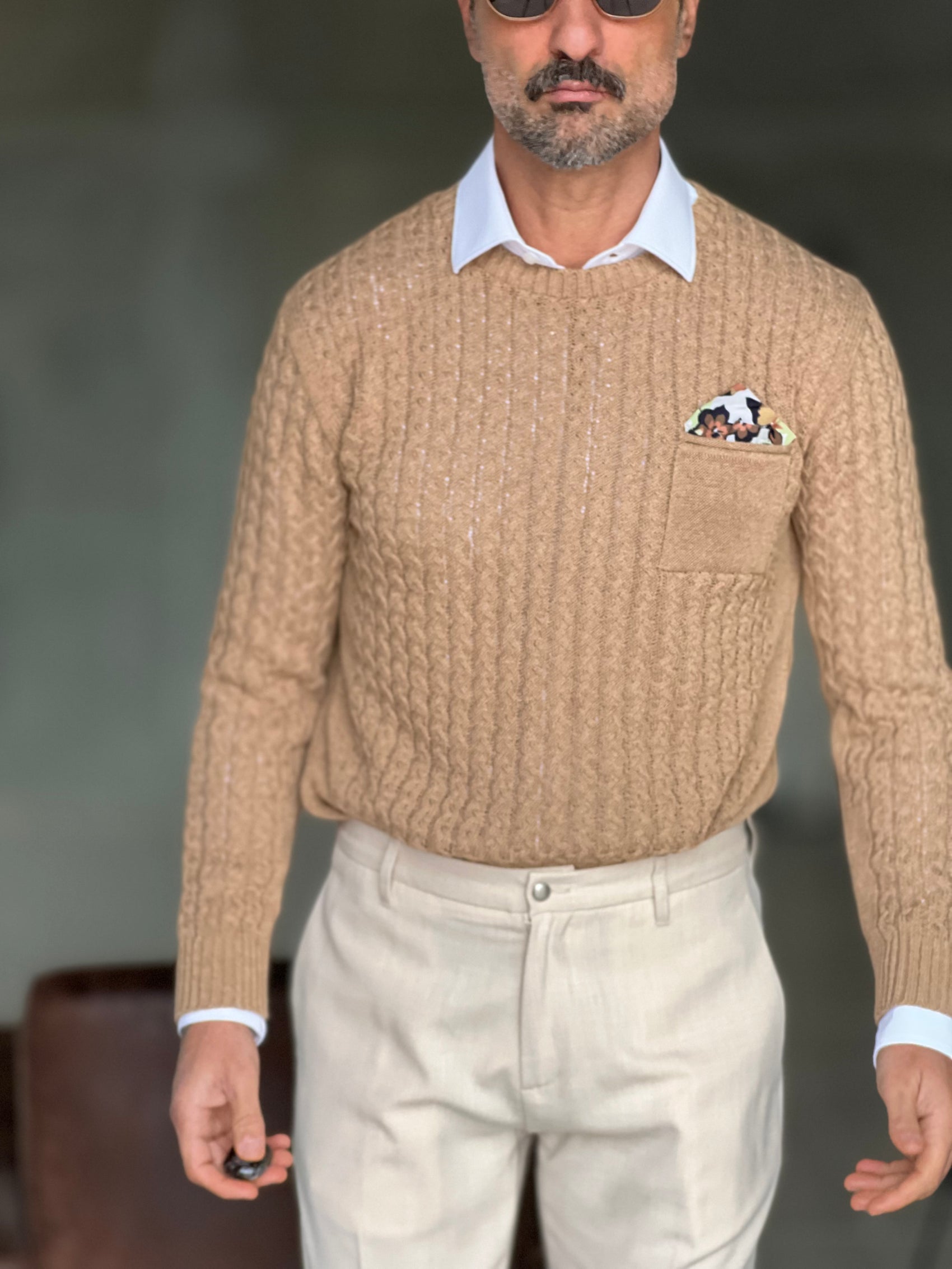 MAGLIA TORTORA  TRECCIA COTONE TASCHINO