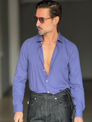 CAMICIA DEPOT  BLU INDACO COLLO PICCOLO POPELINE  DI COTONE DOPPIORITORTO