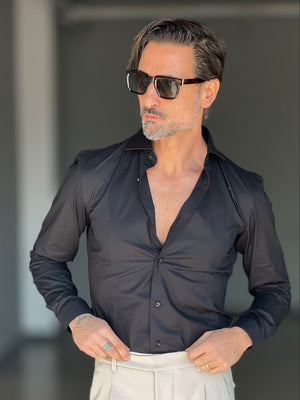 NEW CAMICIA NERA  POPELINE DI COTONE STRECH