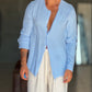 CAMICIA COREANA CELESTE CIELO   CHIARO GOFFRATA COTONE  EFFETTO LINO