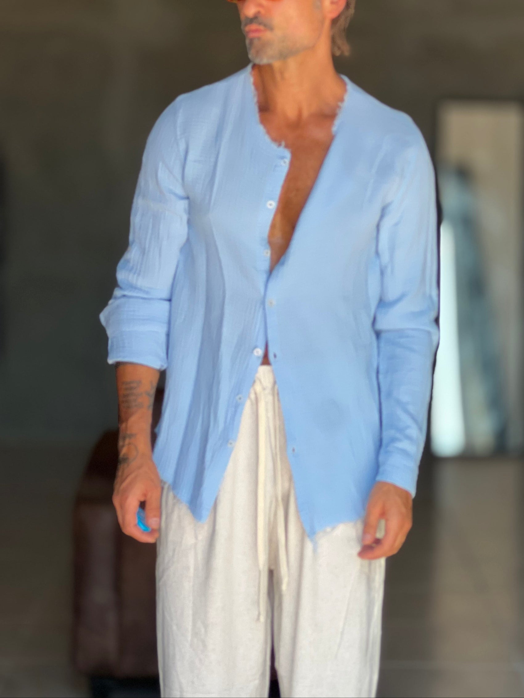 CAMICIA COREANA CELESTE CIELO   CHIARO GOFFRATA COTONE  EFFETTO LINO. 278