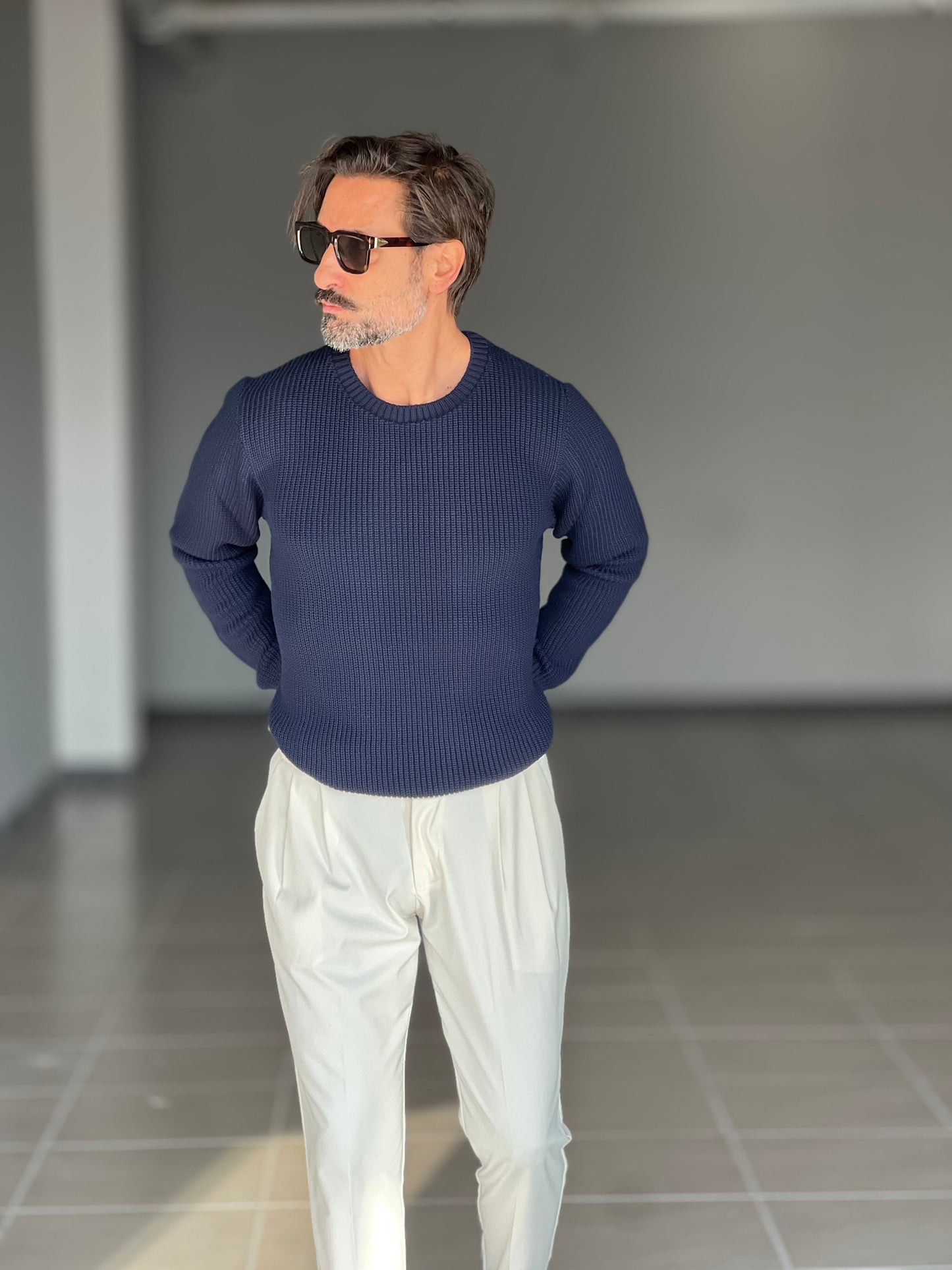 BLUE THREAD COTTON CREW NECK SWEATER