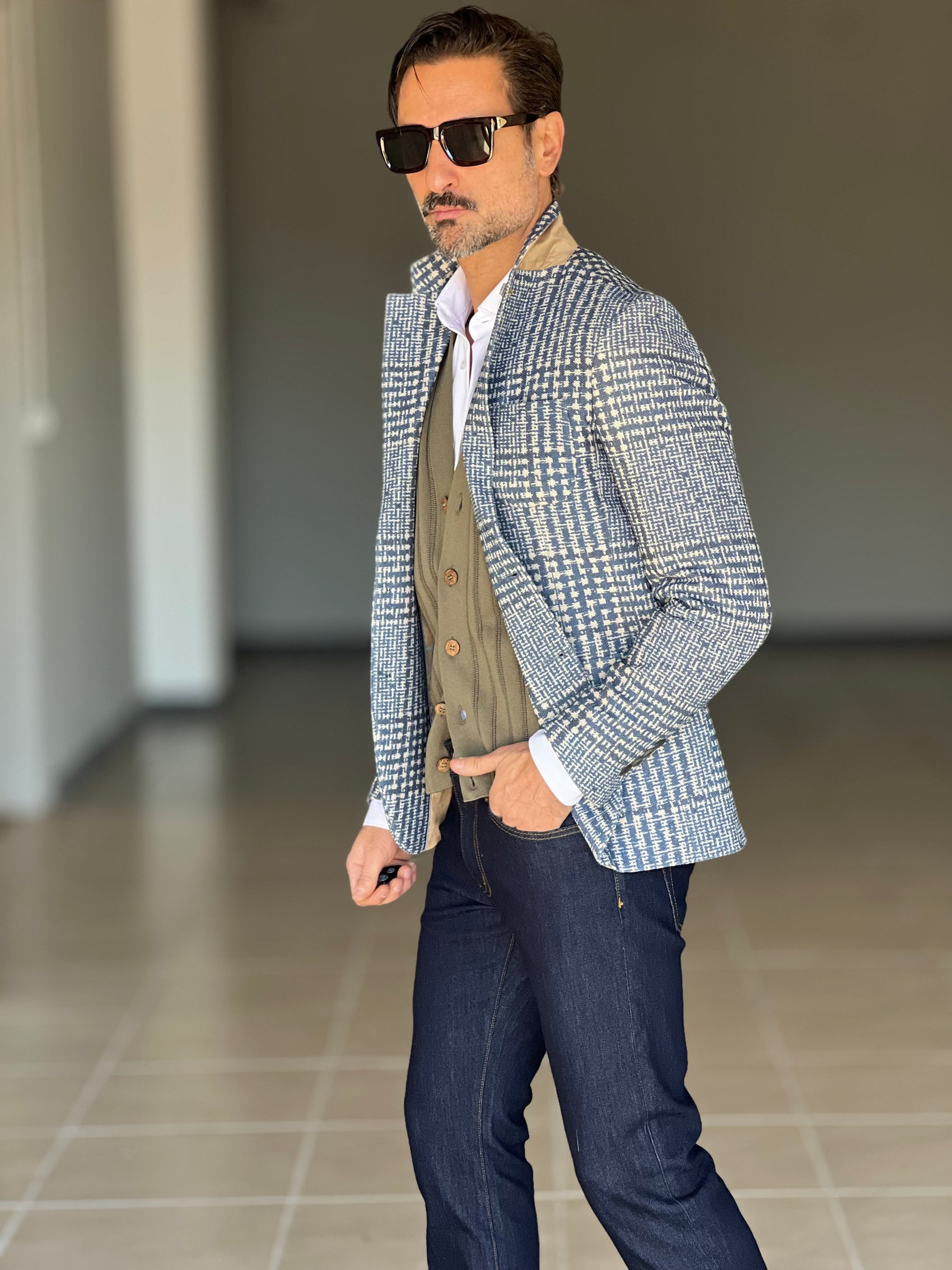 GIACCA GALLES CELESTE E BEIGE XAGON  TESSUTO OPERATO