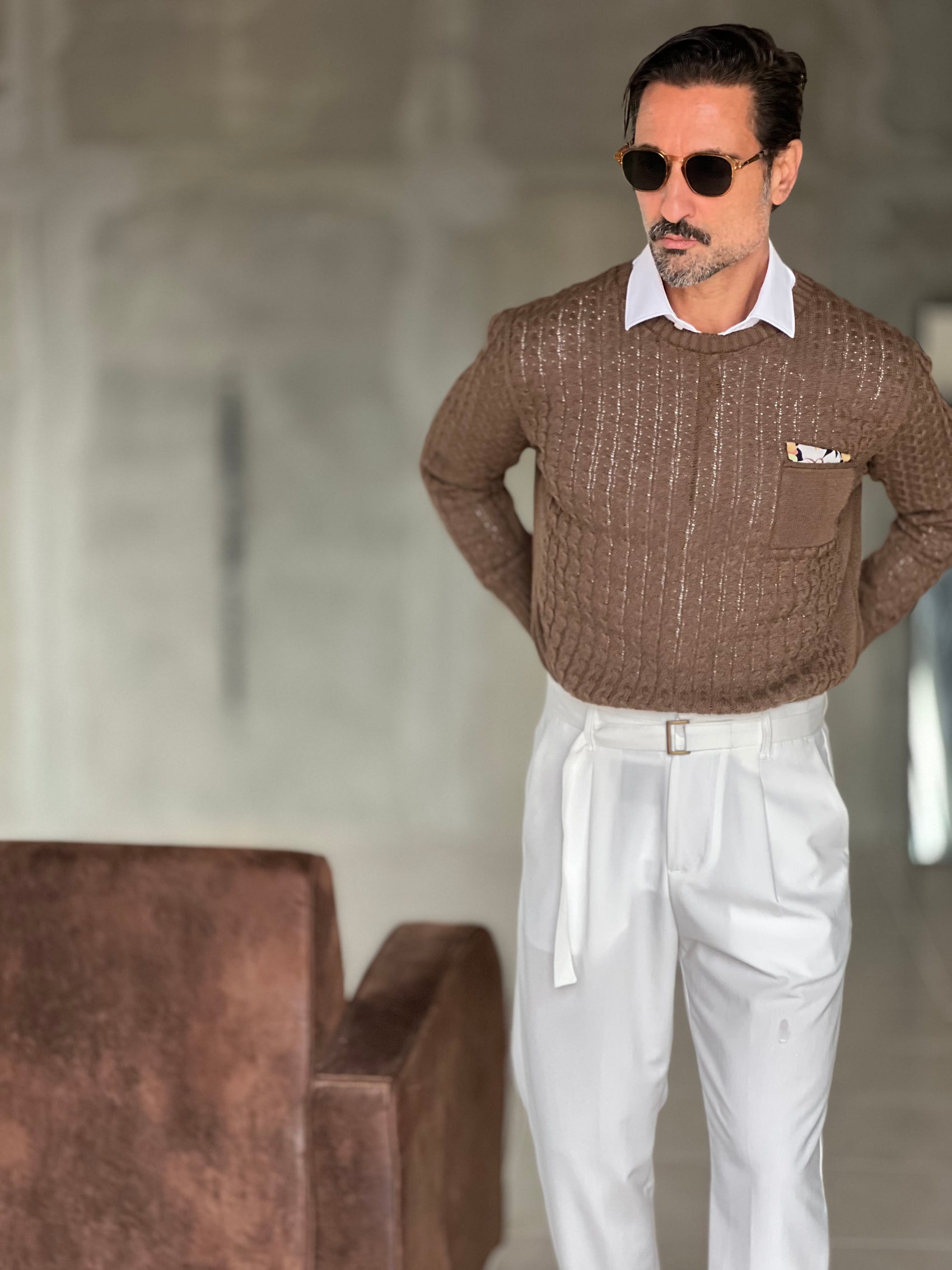 MAGLIA  MORO  TRECCIA COTONE TASCHINO