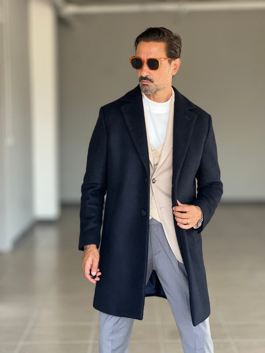 CAPPOTTO BLU LAVORAZIONE ALPACA TESSUTO LANA E MISTI ALTATENSIONE