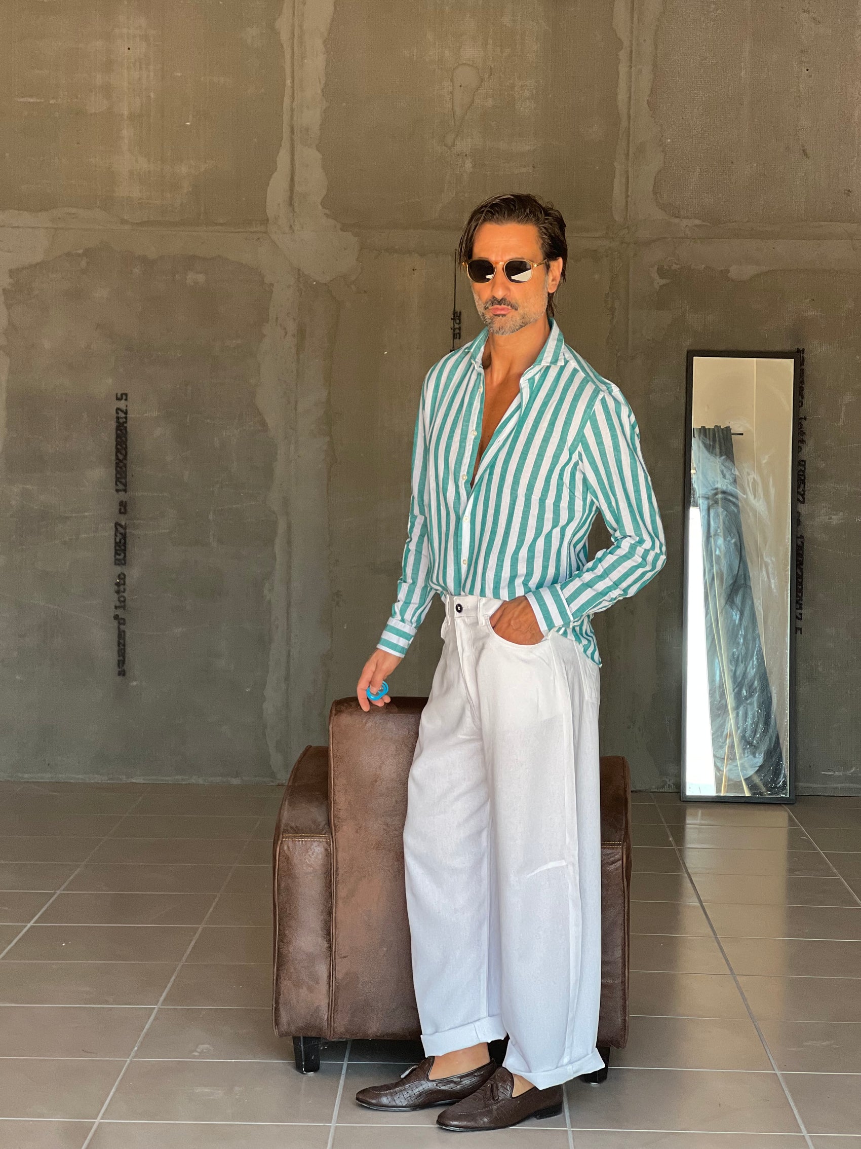 CAMICIA   BACCHETTA GRANDE  BIANCA E VERDE  LINO E MISTI COLLO ITALIANO