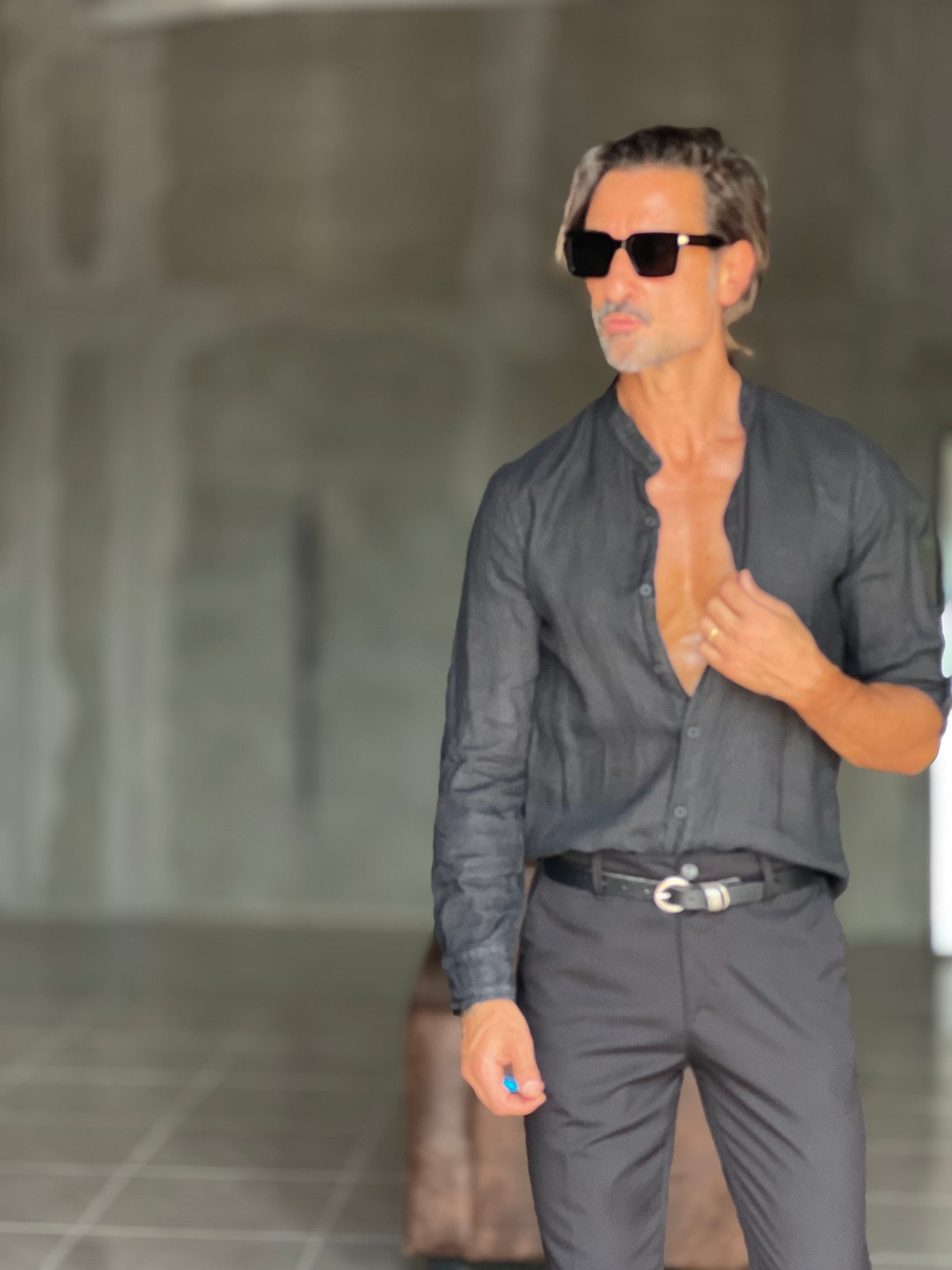 CAMICIA COREANA NERA  LINO
