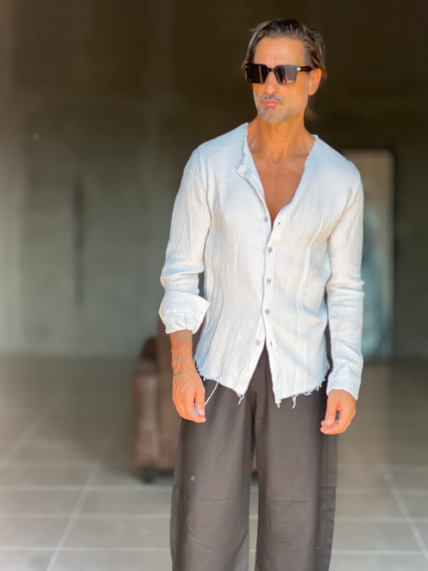 CAMICIA COREANA GRIGIO CHIARO GOFFRATA COTONE  EFFETTO LINO. 278