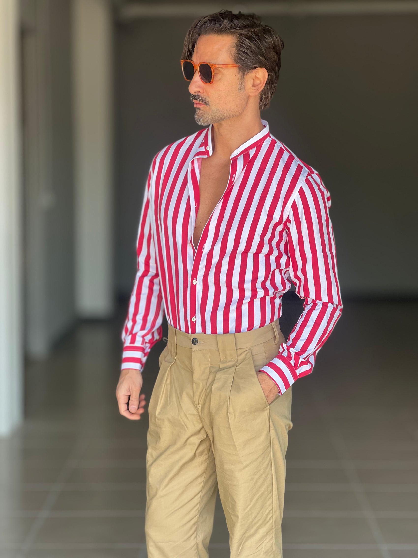 CAMICIA BIANCA E ROSSA  COREANA   POPELINE DI COTONE STRECH