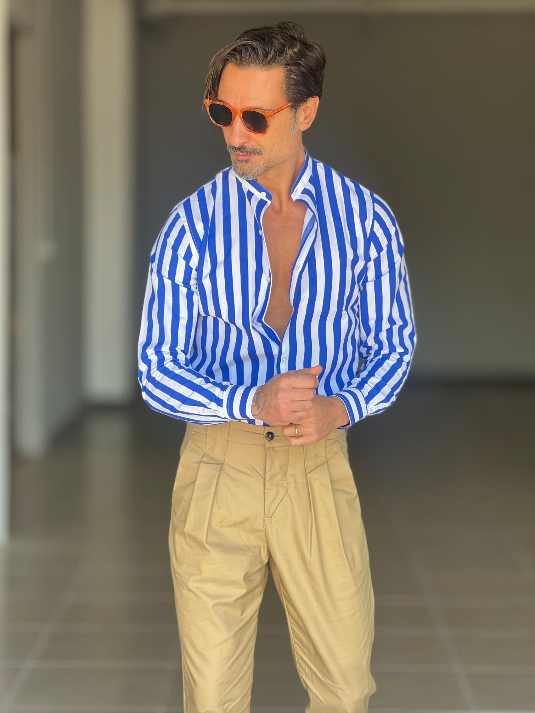 CAMICIA BIANCA E BLU  COREANA   POPELINE DI COTONE STRECH 0070