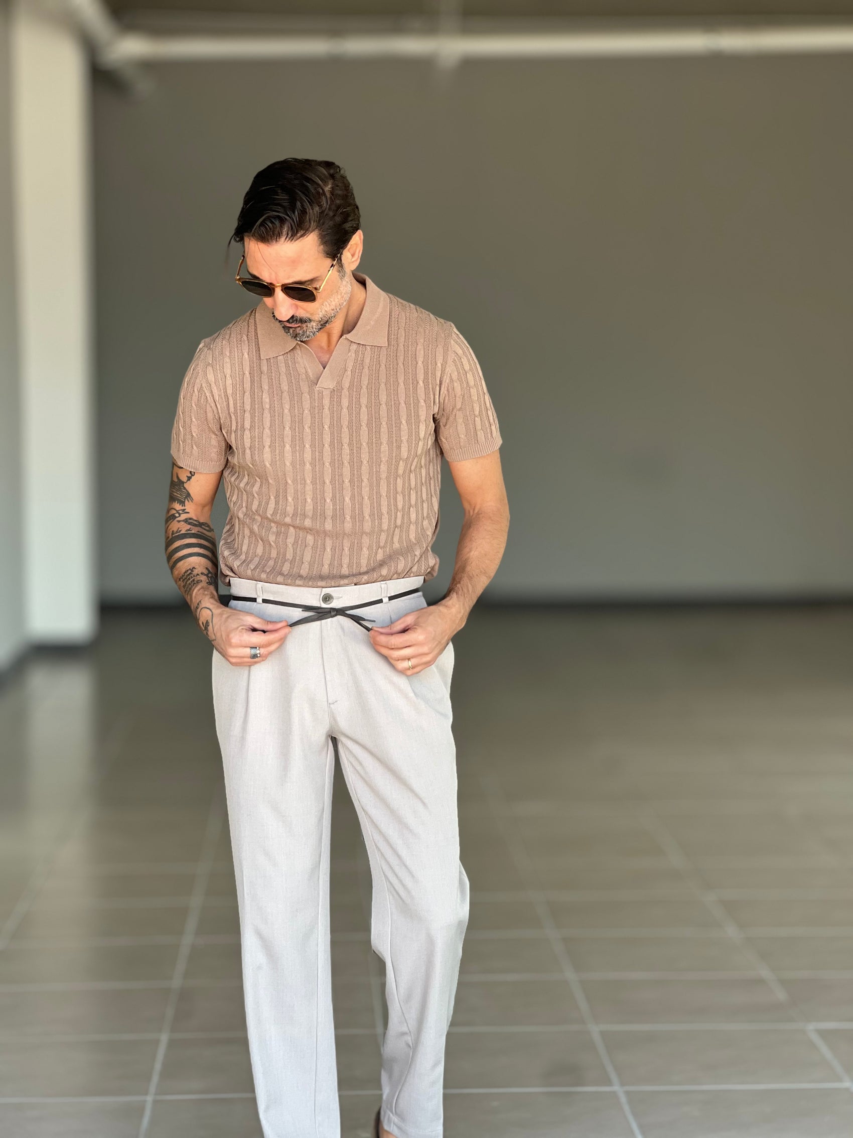 PANTALONE BEGE  ALTATENSIONE PINCES VISCOSA CORDINO ECOPELLE